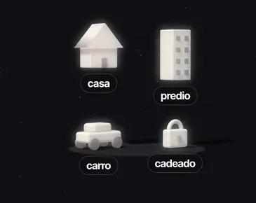 Peças 3D do acervo do estúdio de motion: casa, prédio, carro e cadeado
